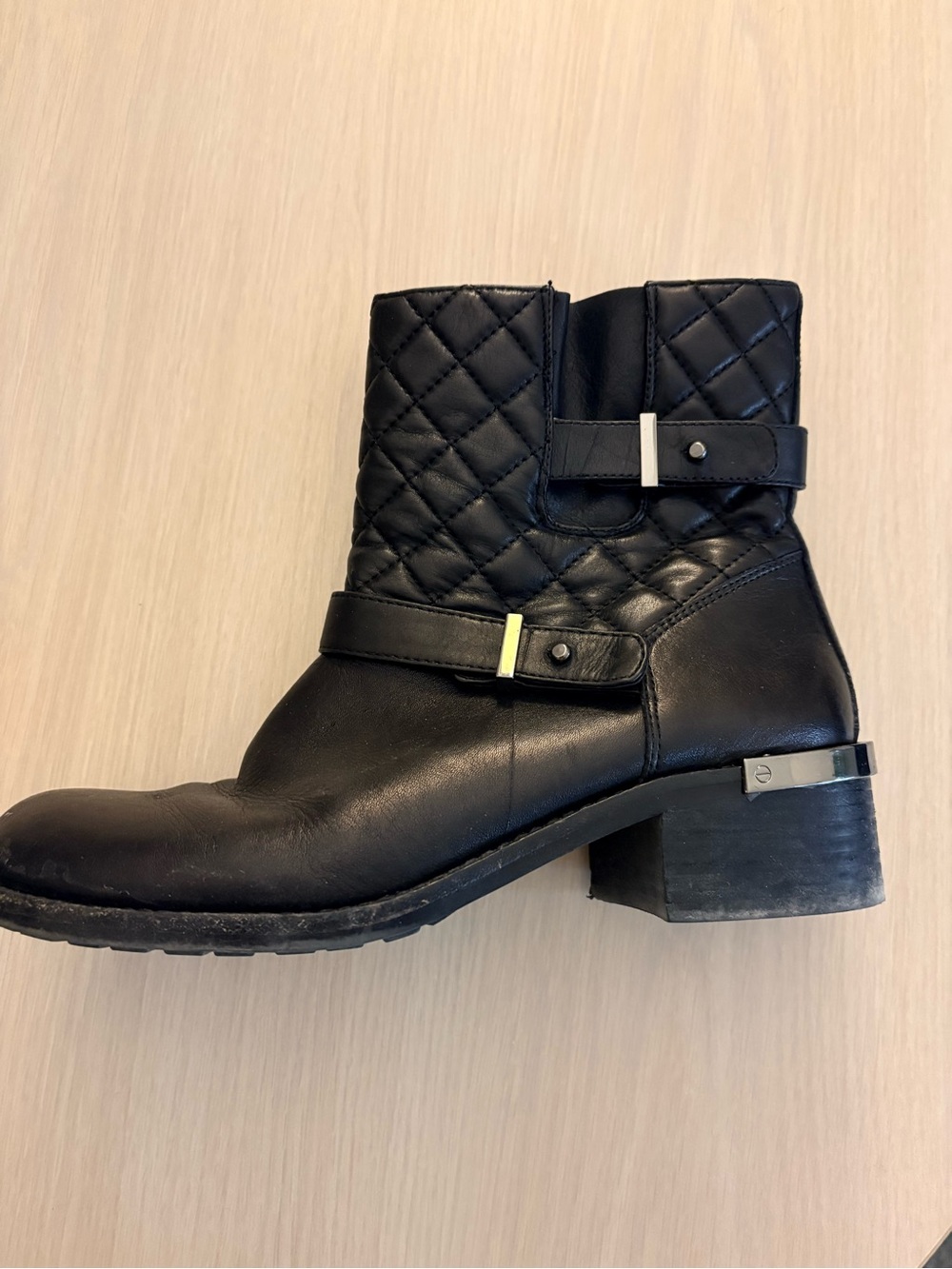 Vince Camuto Quilted Black Leather Ankle Boot with Strap Detail